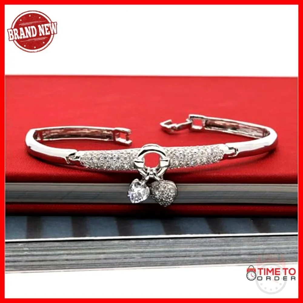 Sterling Silver Bracelet Hinged Bangle Heart Charms Cubic Zirconia Elegant